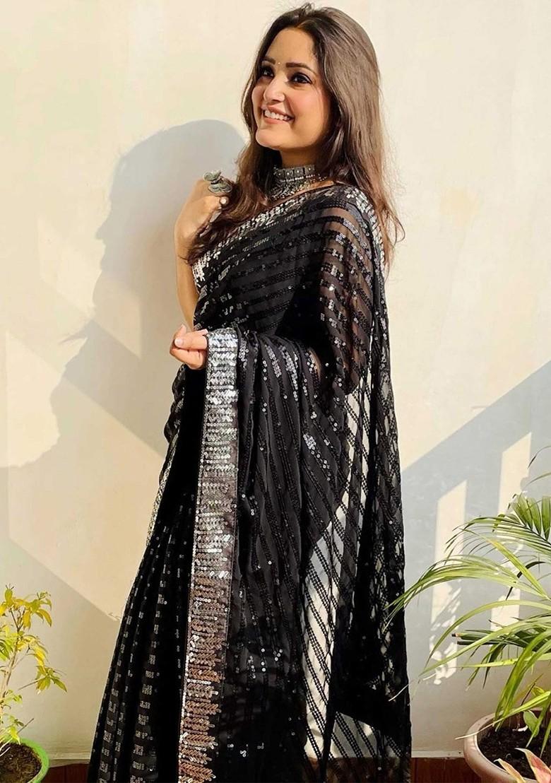 Black Embellished Blended Saree Set - Indya