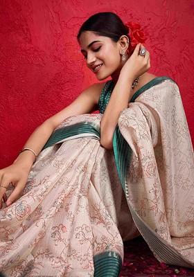 Cream Printed Blended Saree Set