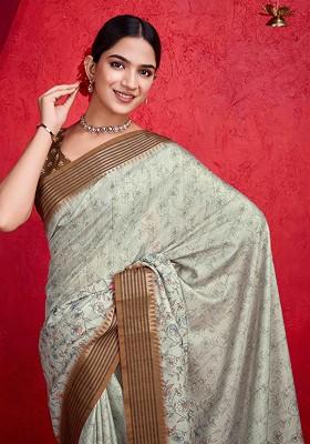 Lime Green Printed Blended Saree Set