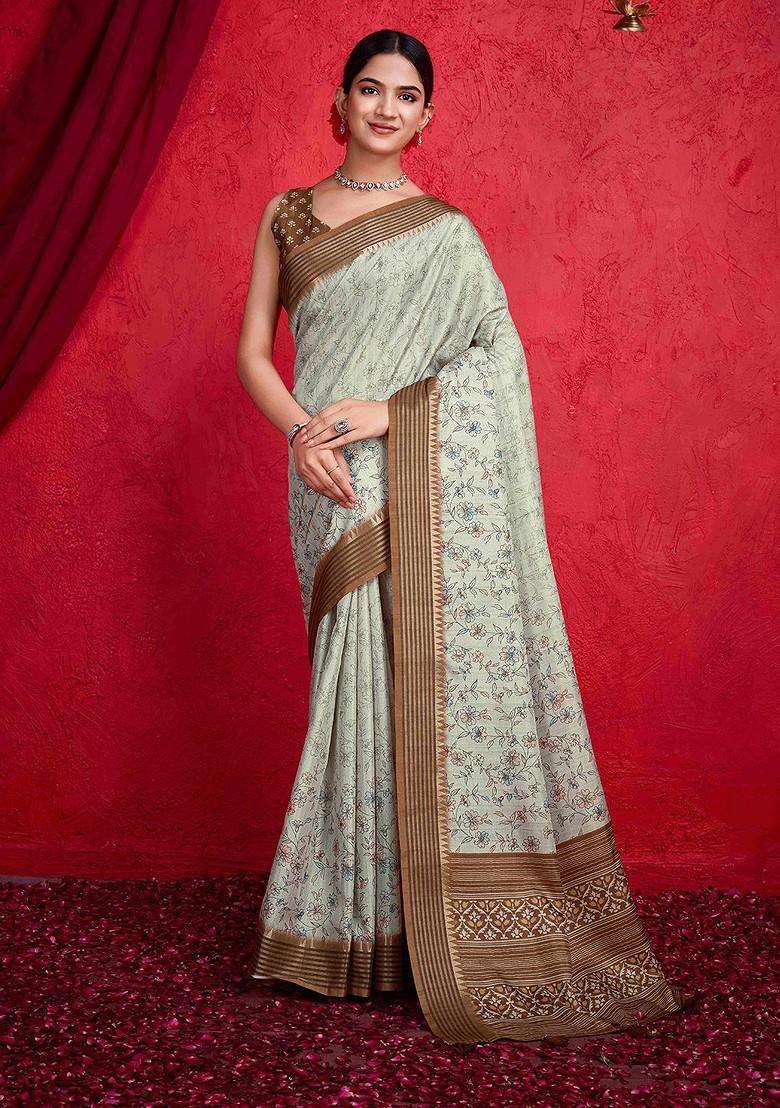 Lime Green Printed Blended Saree Set - Indya