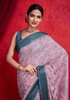 Pink Printed Blended Saree Set