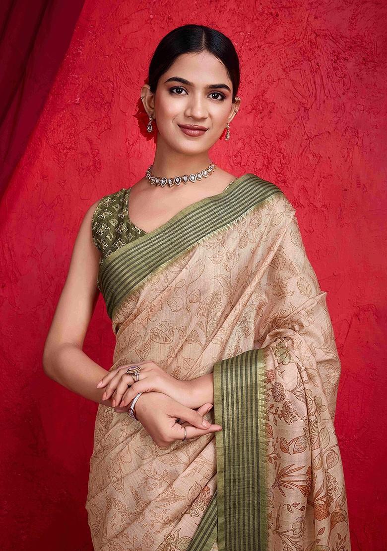 Orange Embroidered Blended Saree Set - Indya