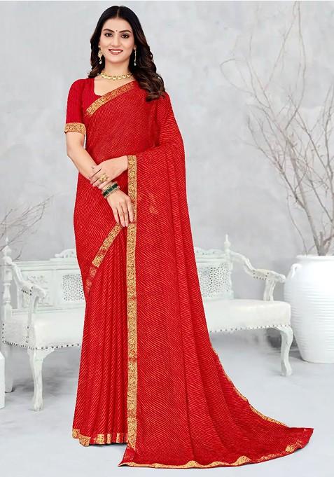 Red Printed Blended Saree Set