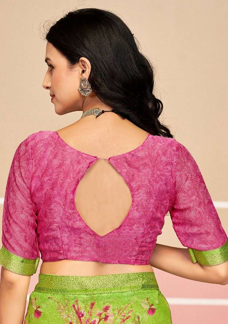 Sea Green Printed Blended Saree Set - Indya