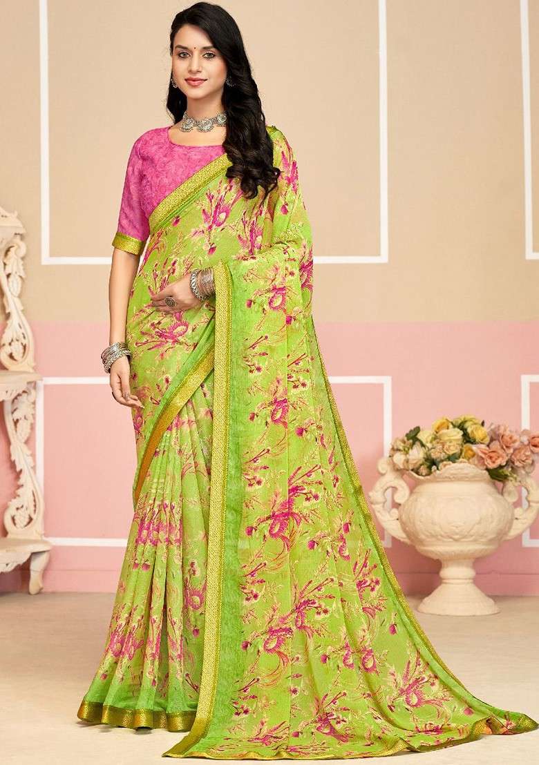 Sea Green Printed Blended Saree Set - Indya