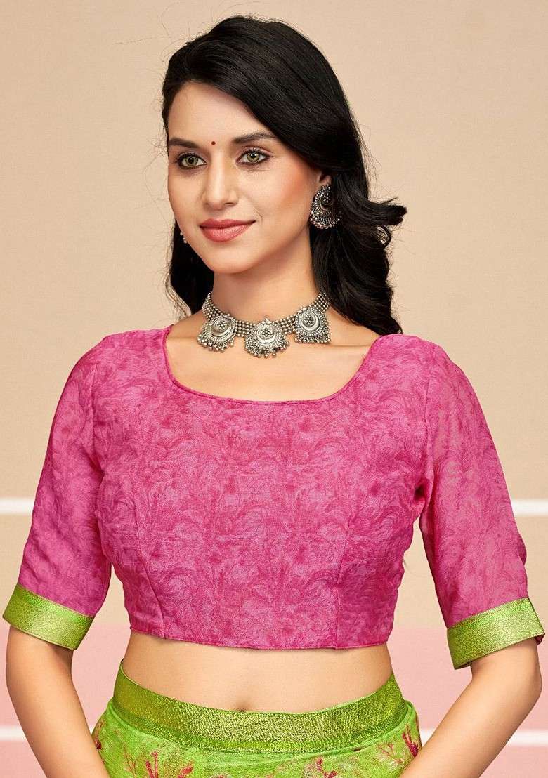 Sea Green Printed Blended Saree Set - Indya