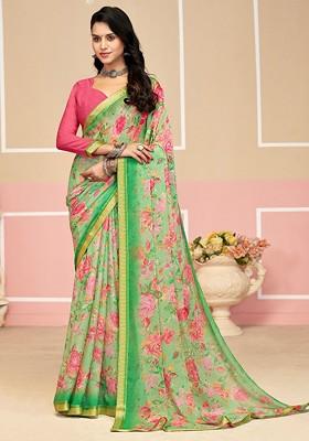 Green Printed Blended Saree Set