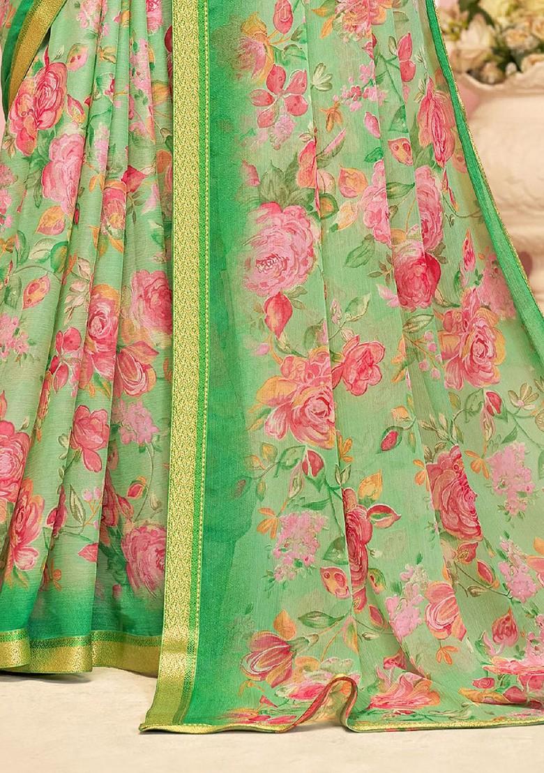 Green Printed Blended Saree Set - Indya