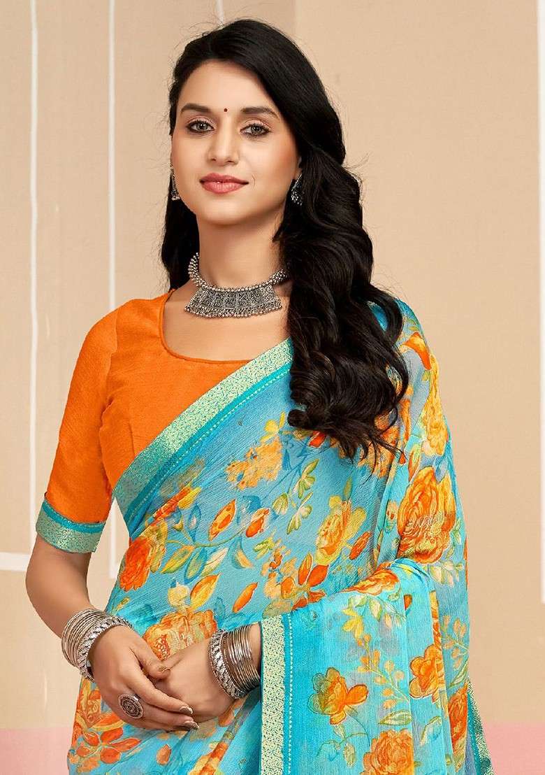 Turquoise Blue Printed Blended Saree Set - Indya