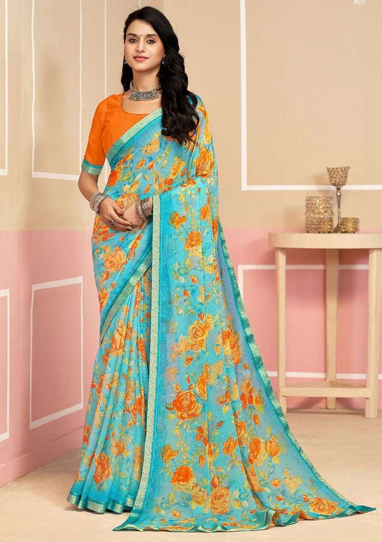 Turquoise Blue Printed Blended Saree Set - Indya