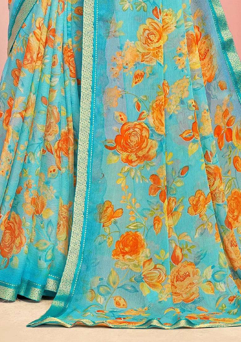 Turquoise Blue Printed Blended Saree Set - Indya