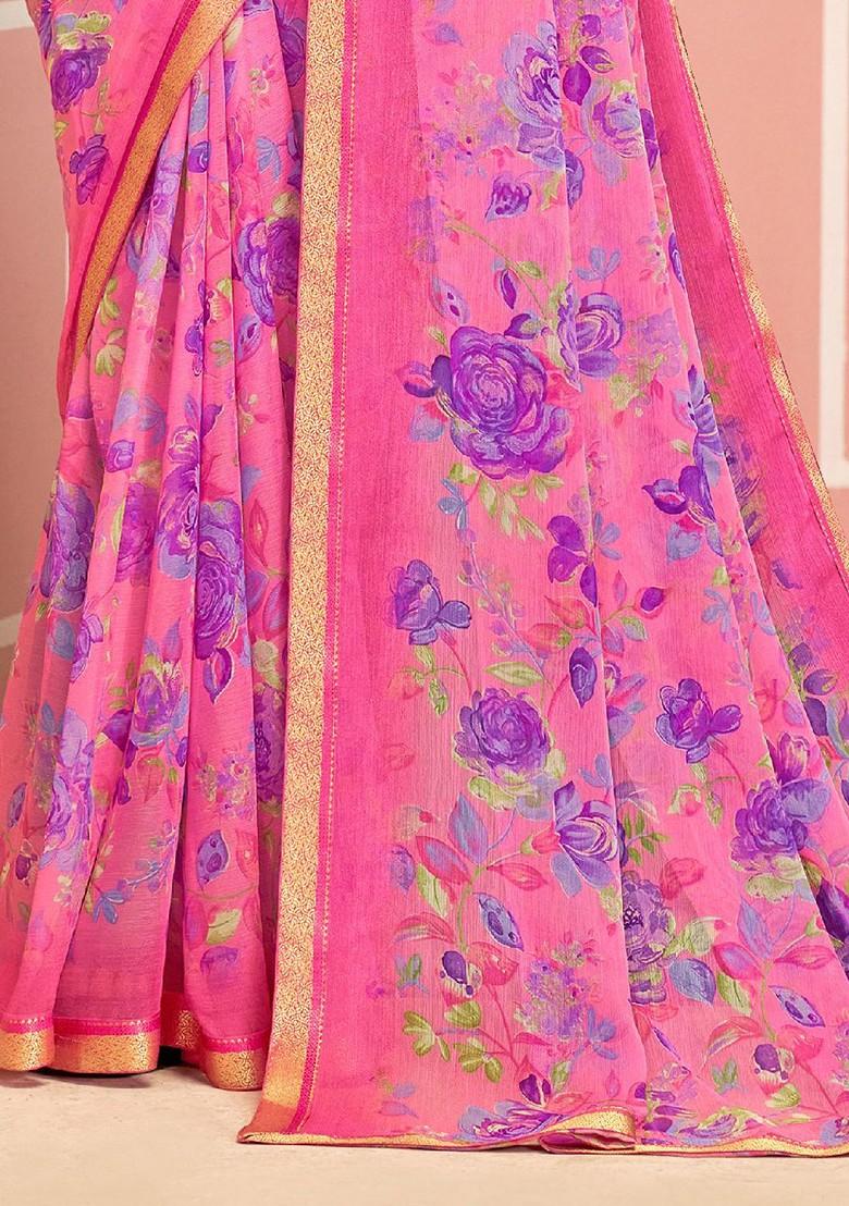 Magenta Printed Blended Saree Set - Indya