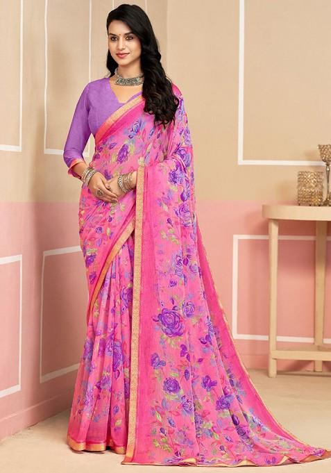 Magenta Printed Blended Saree Set