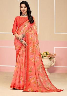 Peach Printed Blended Saree Set