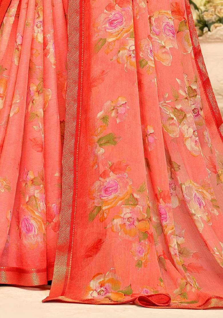 Peach Printed Blended Saree Set - Indya