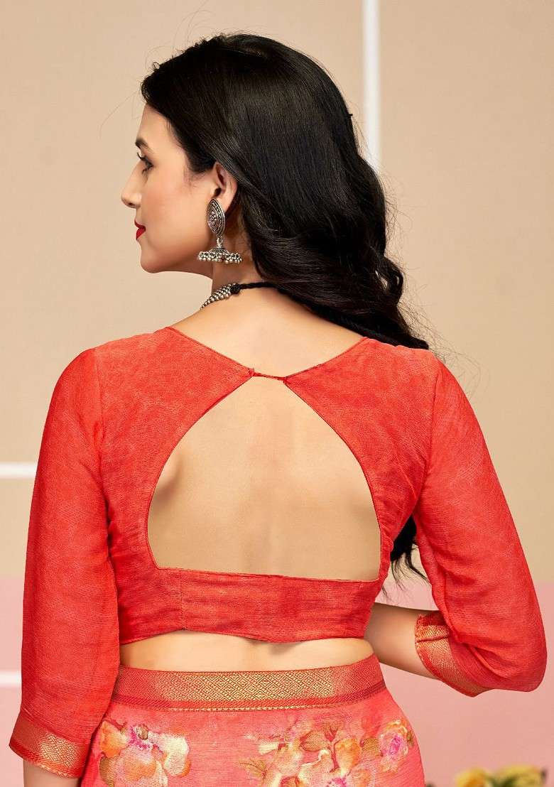 Peach Printed Blended Saree Set - Indya