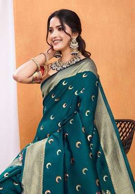 Teal Embroidered Blended Saree Set