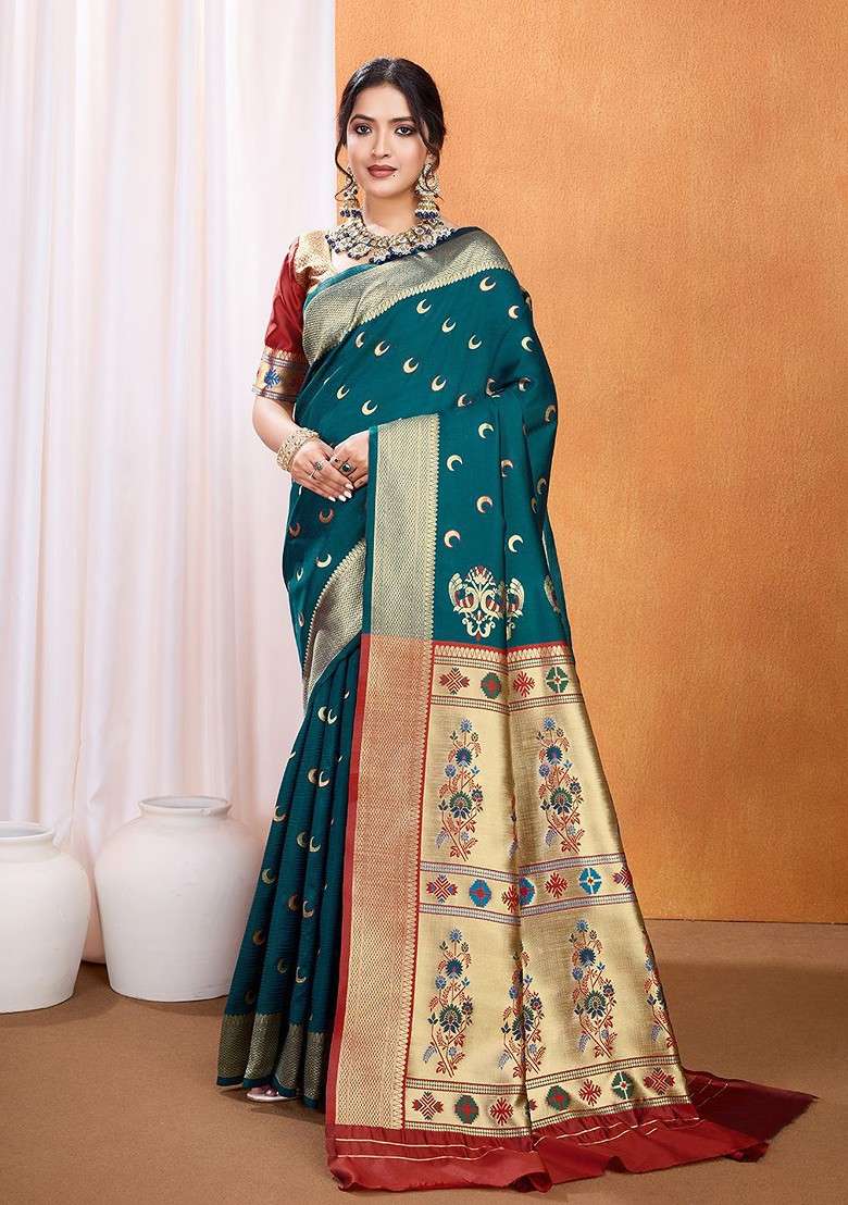 Teal Embroidered Blended Saree Set for Diwali and Festive Wear - Indya