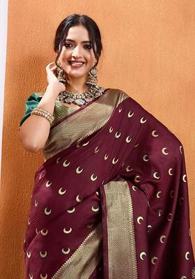 Maroon Embroidered Blended Saree Set