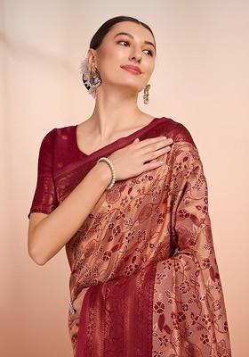 Cream Embroidered Blended Saree Set