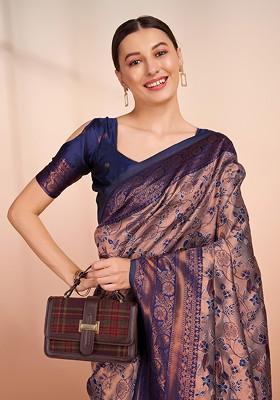 Grey Embroidered Blended Saree Set