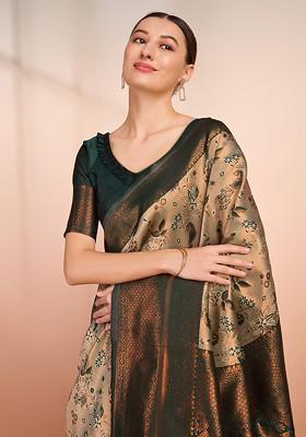 Beige Embroidered Blended Saree Set