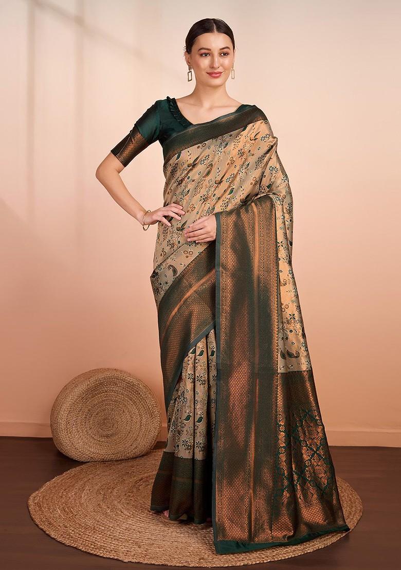 Beige Embroidered Blended Saree Set - Indya