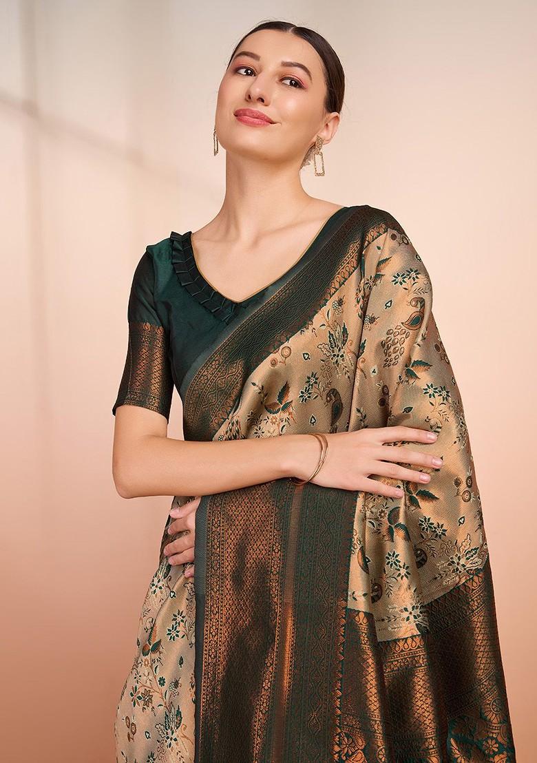 Beige Embroidered Blended Saree Set - Indya