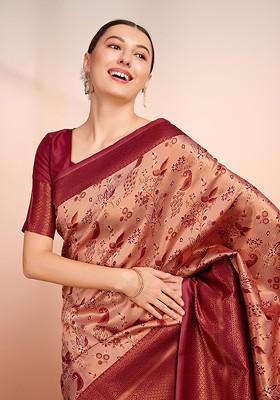 Cream Jacquard Blended Saree Set