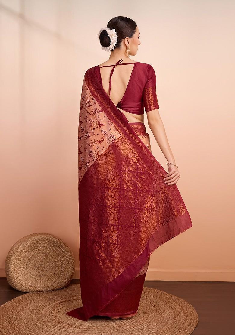 Cream Jacquard Blended Saree Set - Indya