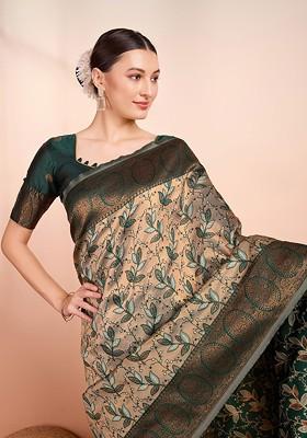 Beige Embroidered Blended Saree Set