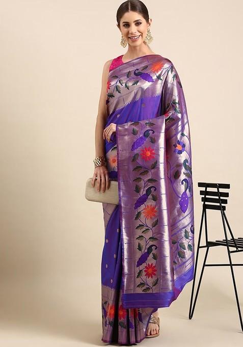 Purple Embroidered Blended Saree Set