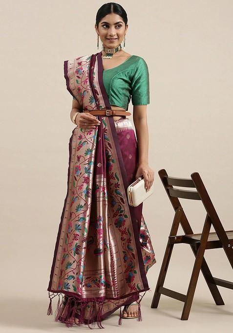 Magenta Embroidered Blended Saree Set