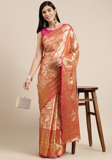 Orange Embroidered Blended Saree Set