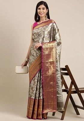 Grey Embroidered Blended Saree Set
