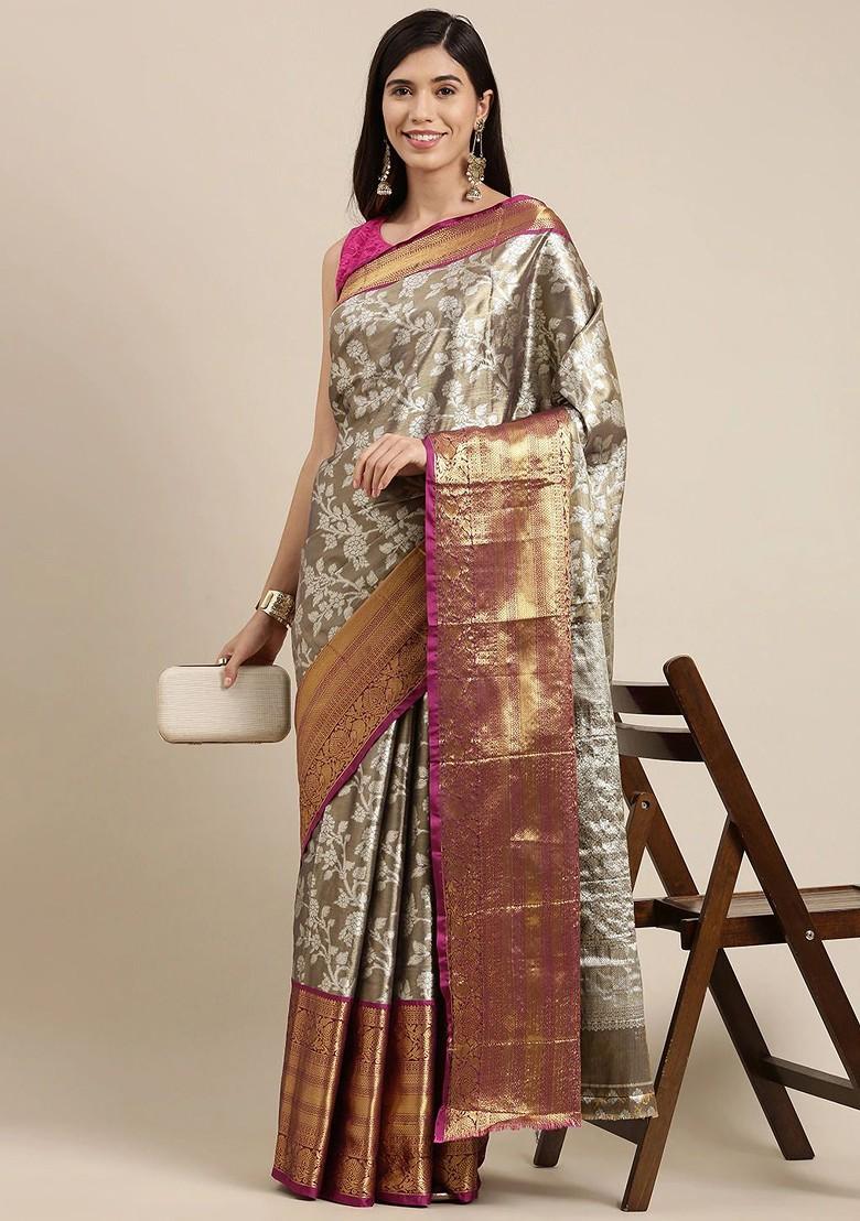 Grey Embroidered Blended Saree Set - Indya