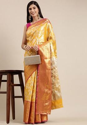 Yellow Embroidered Blended Saree Set