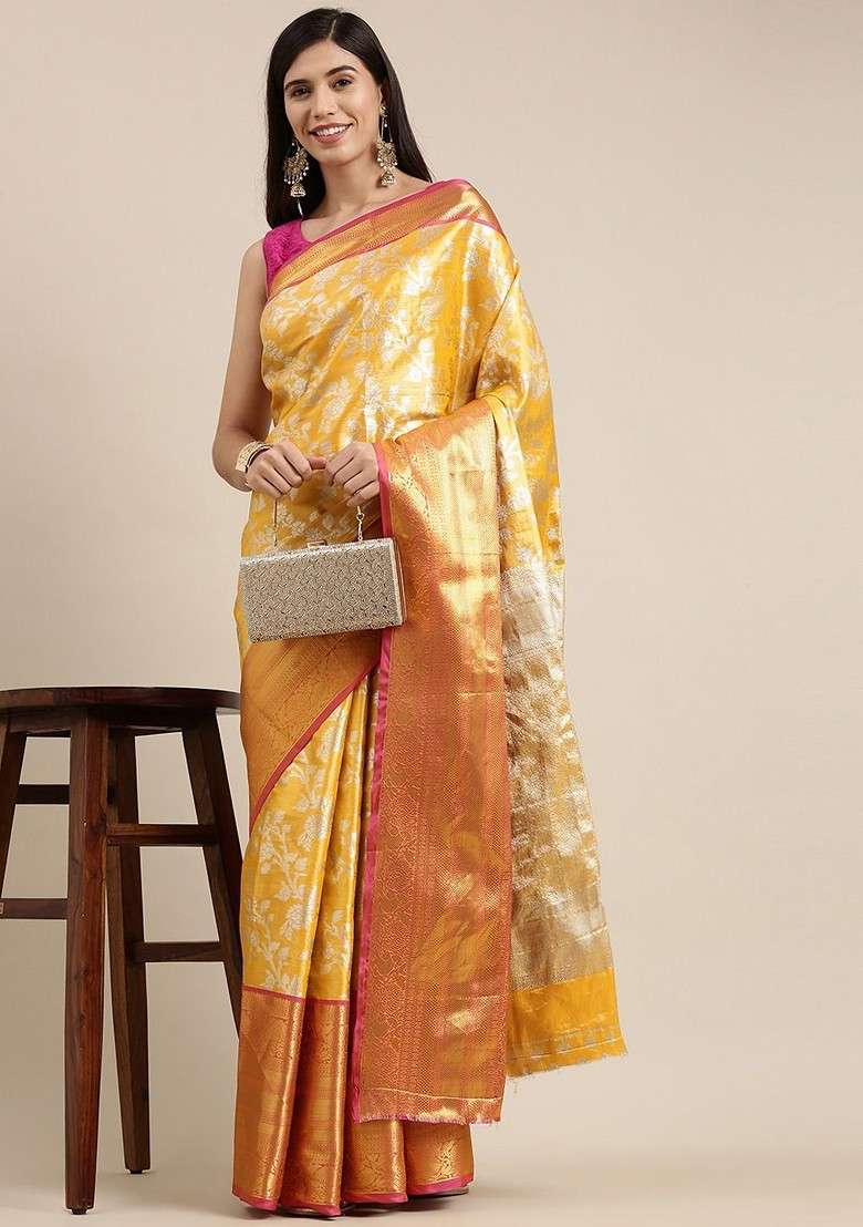 Yellow Embroidered Blended Saree Set for Diwali and Festive Wear - Indya