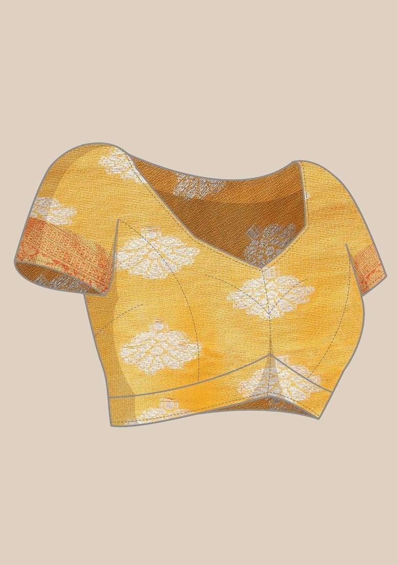 Yellow Embroidered Blended Saree Set for Diwali and Festive Wear - Indya