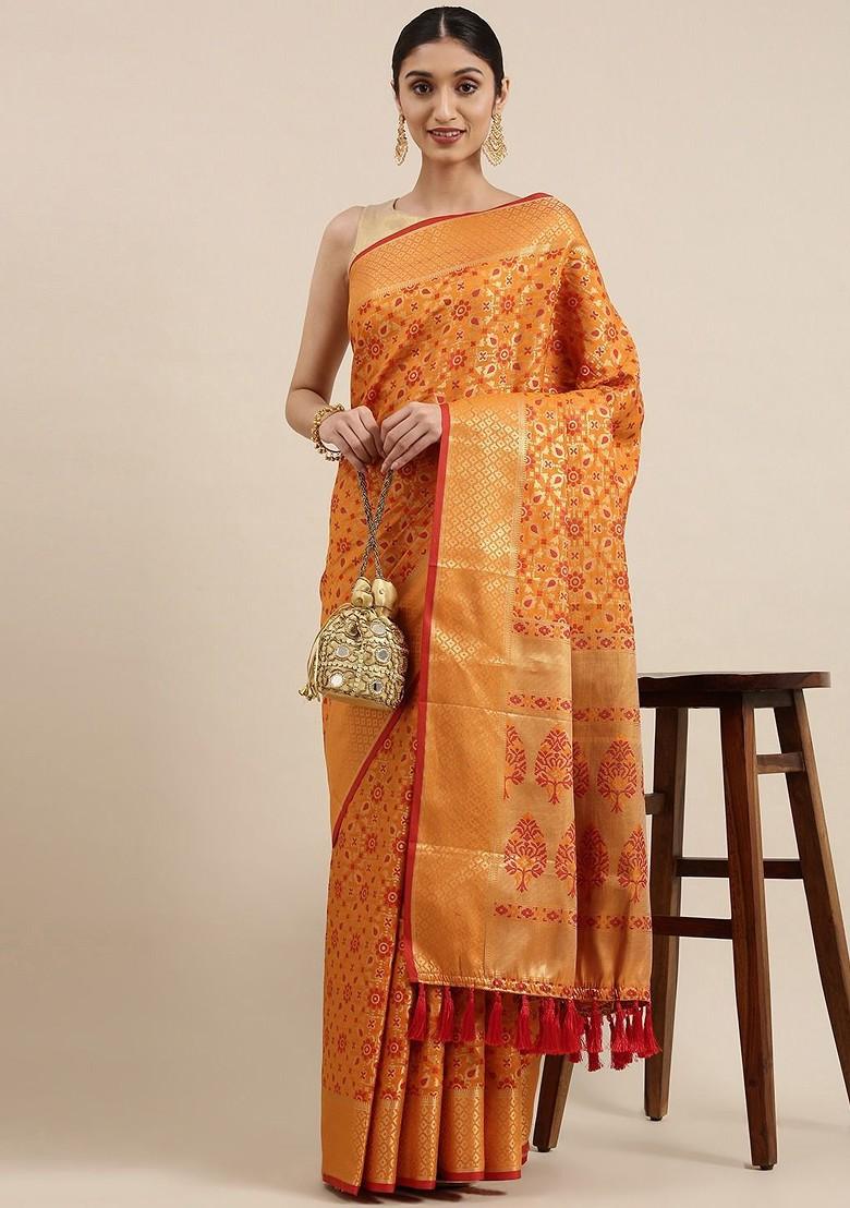 Orange Embroidered Blended Saree Set - Indya
