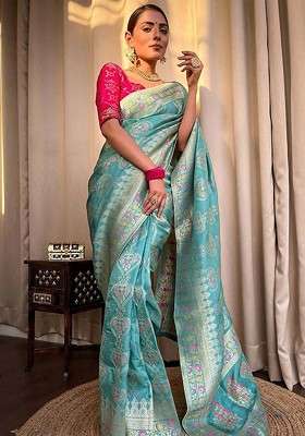 Teal Embroidered Blended Saree Set