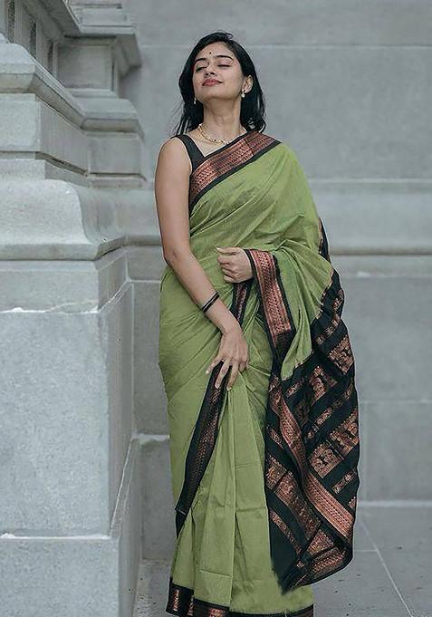Green Embroidered Blended Saree Set