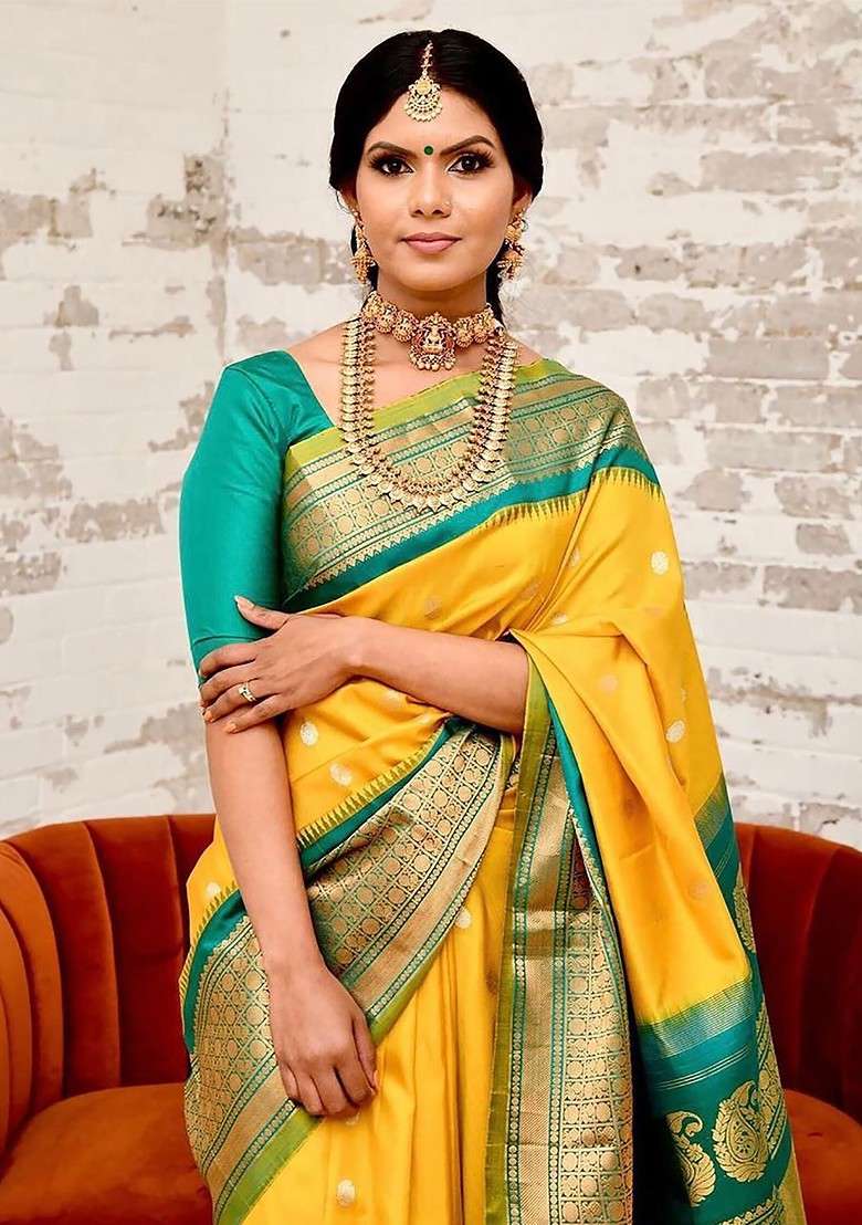 Yellow Blended Jacquard Saree Set for Diwali | Wedding & Festive Wear - Indya