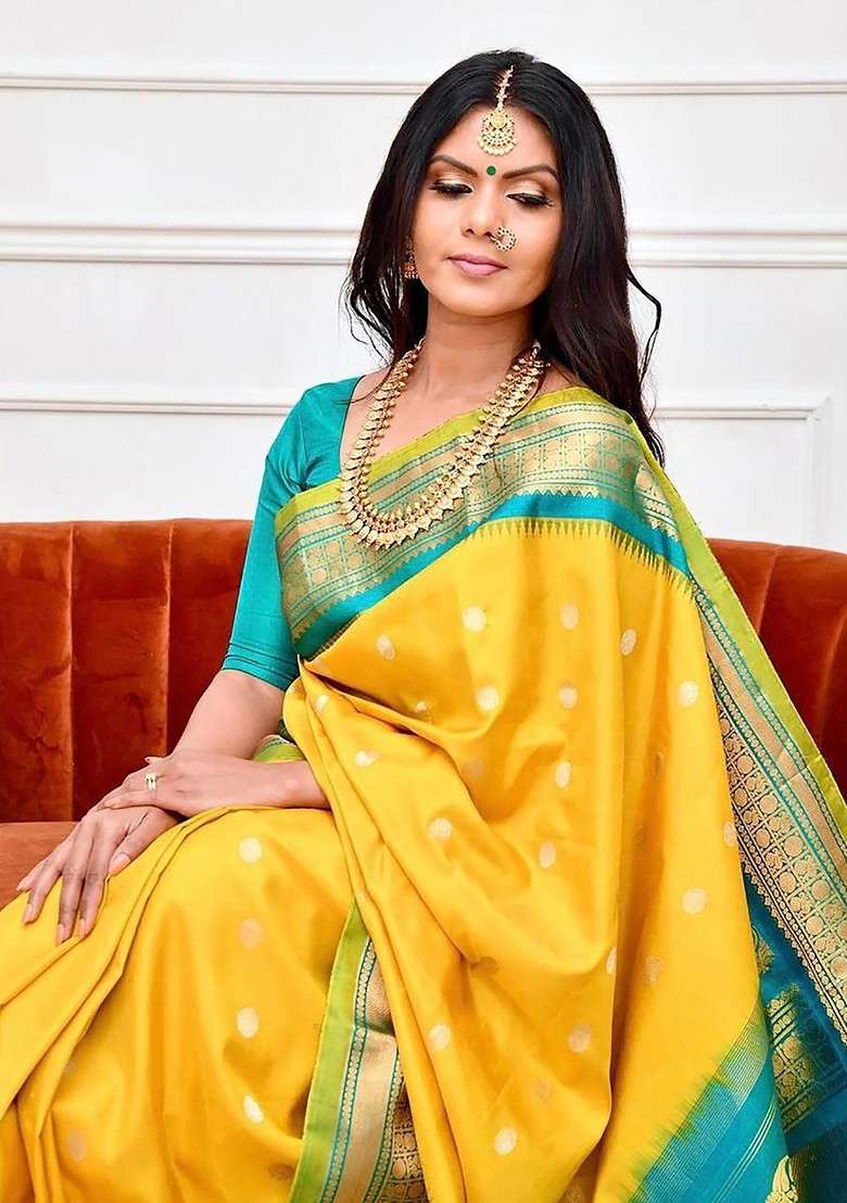 Yellow Blended Jacquard Saree Set for Diwali | Wedding & Festive Wear - Indya