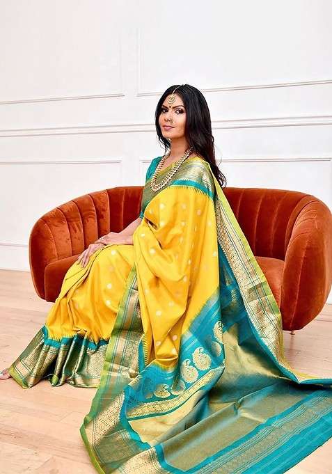 Yellow Blended Jacquard Saree Set for Diwali | Wedding & Festive Wear