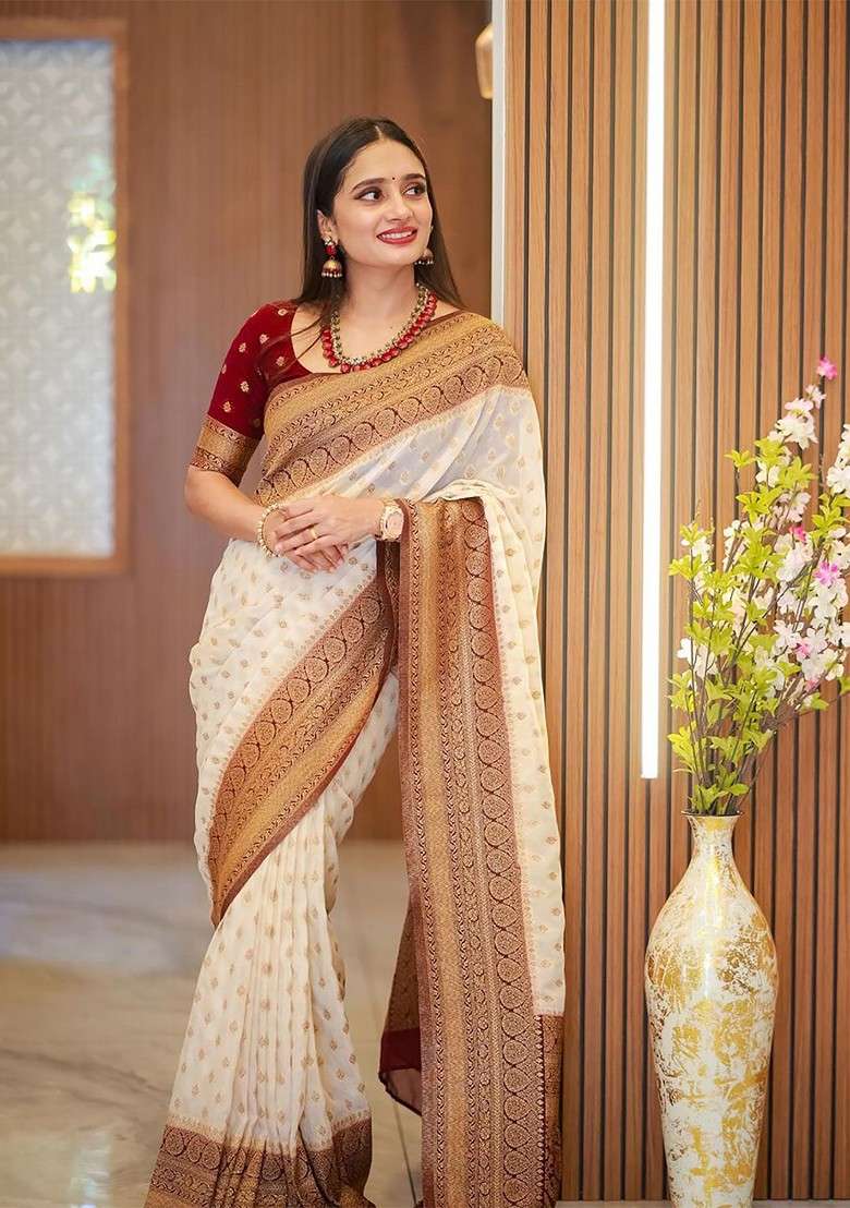 White Embroidered Blended Saree Set for Diwali and Festive Wear - Indya