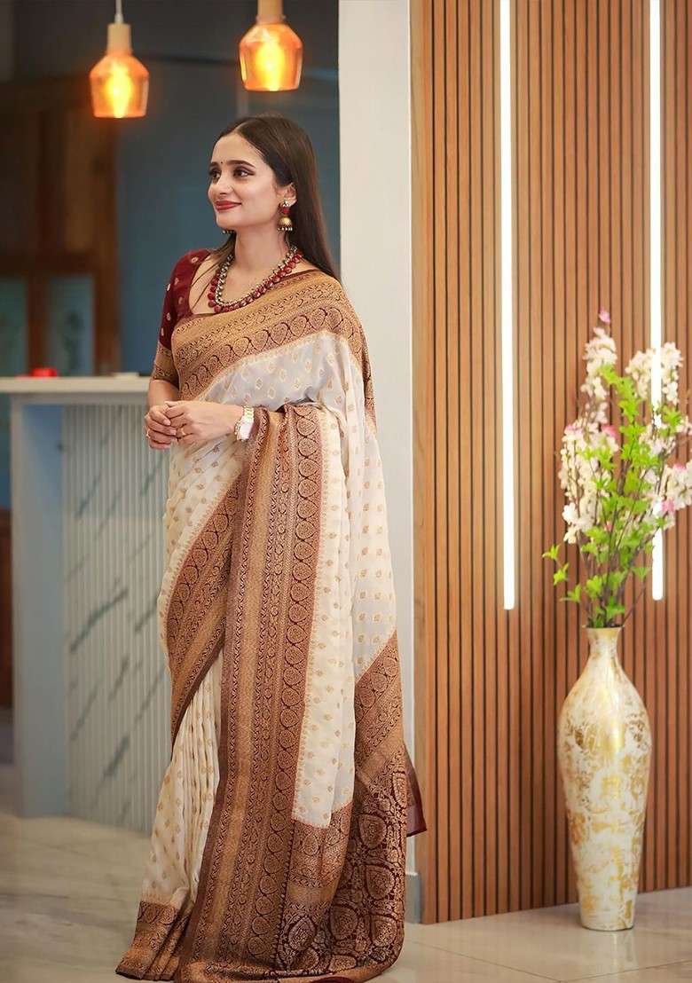 White Embroidered Blended Saree Set for Diwali and Festive Wear - Indya