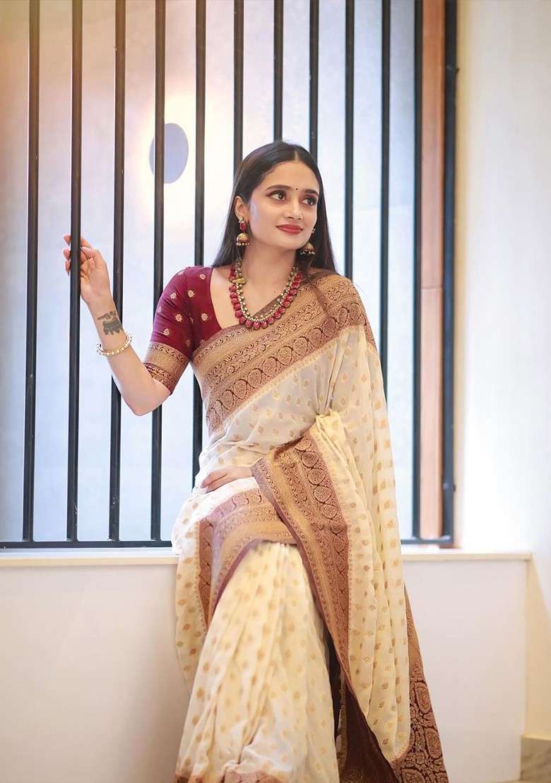White Embroidered Blended Saree Set for Diwali and Festive Wear - Indya