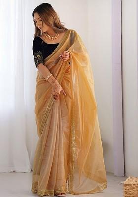 Gold Embroidered Blended Saree Set