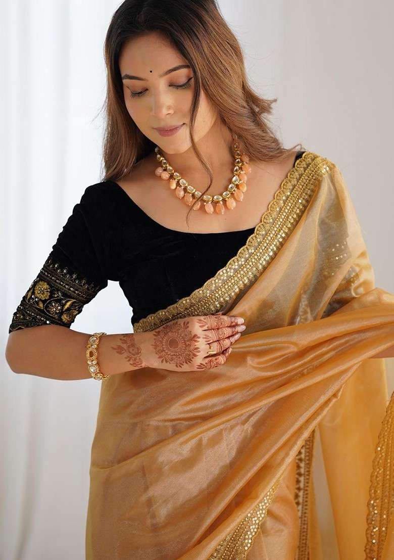 Gold Embroidered Blended Saree Set for Diwali and Festive Wear - Indya